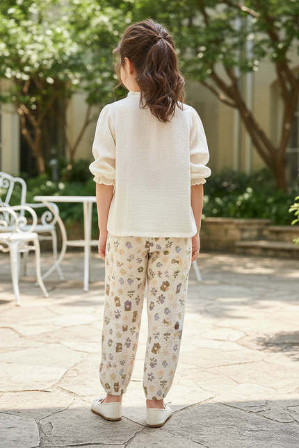Pantalon En Lin Enfant Ample Fleuri Élastiqué Crème - Beige - vue 2