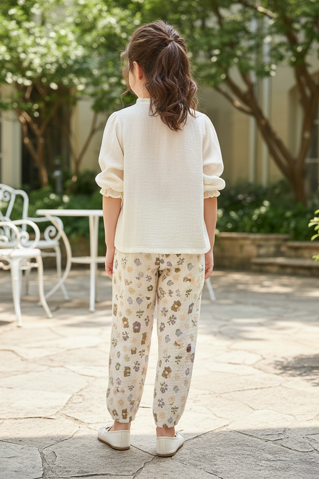Pantalon En Lin Enfant Ample Fleuri Élastiqué Crème - Beige - vue 2