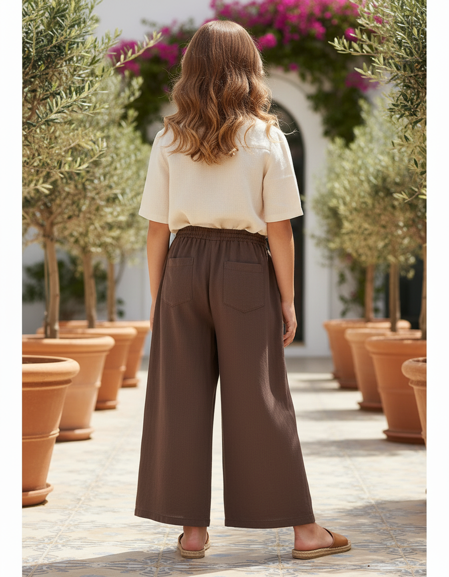 Pantalon En Lin Marron Ample Taille Élastique Fluide - vue 2