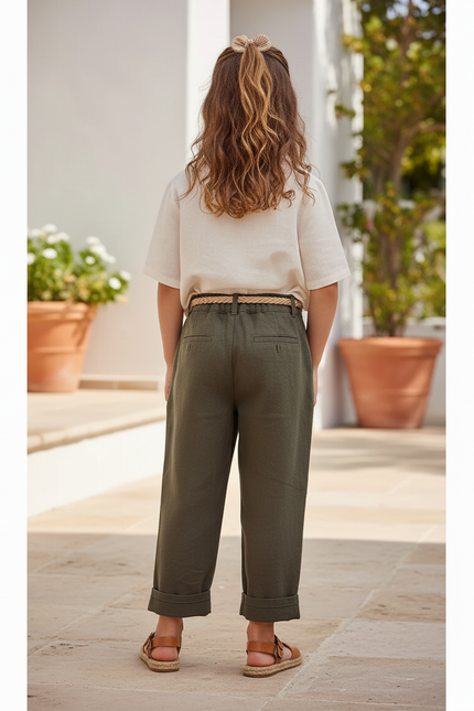 Pantalon En Lin Vert Kaki Ample Décontracté Enfant - vue 2
