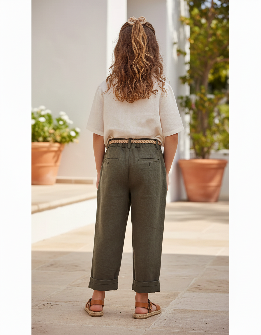 Pantalon En Lin Vert Kaki Ample Décontracté Enfant - vue 2