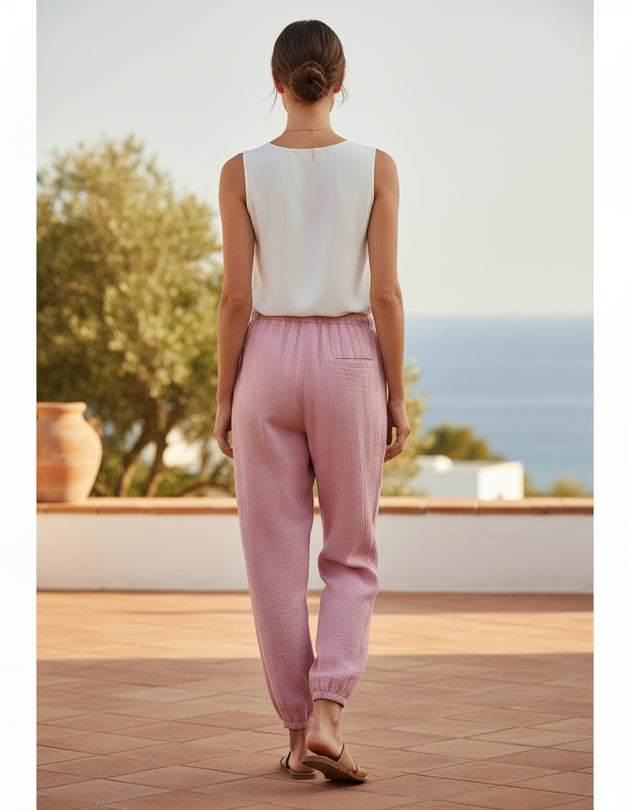 Pantalon En Lin Rose Coton Décontracté Femme - vue 2