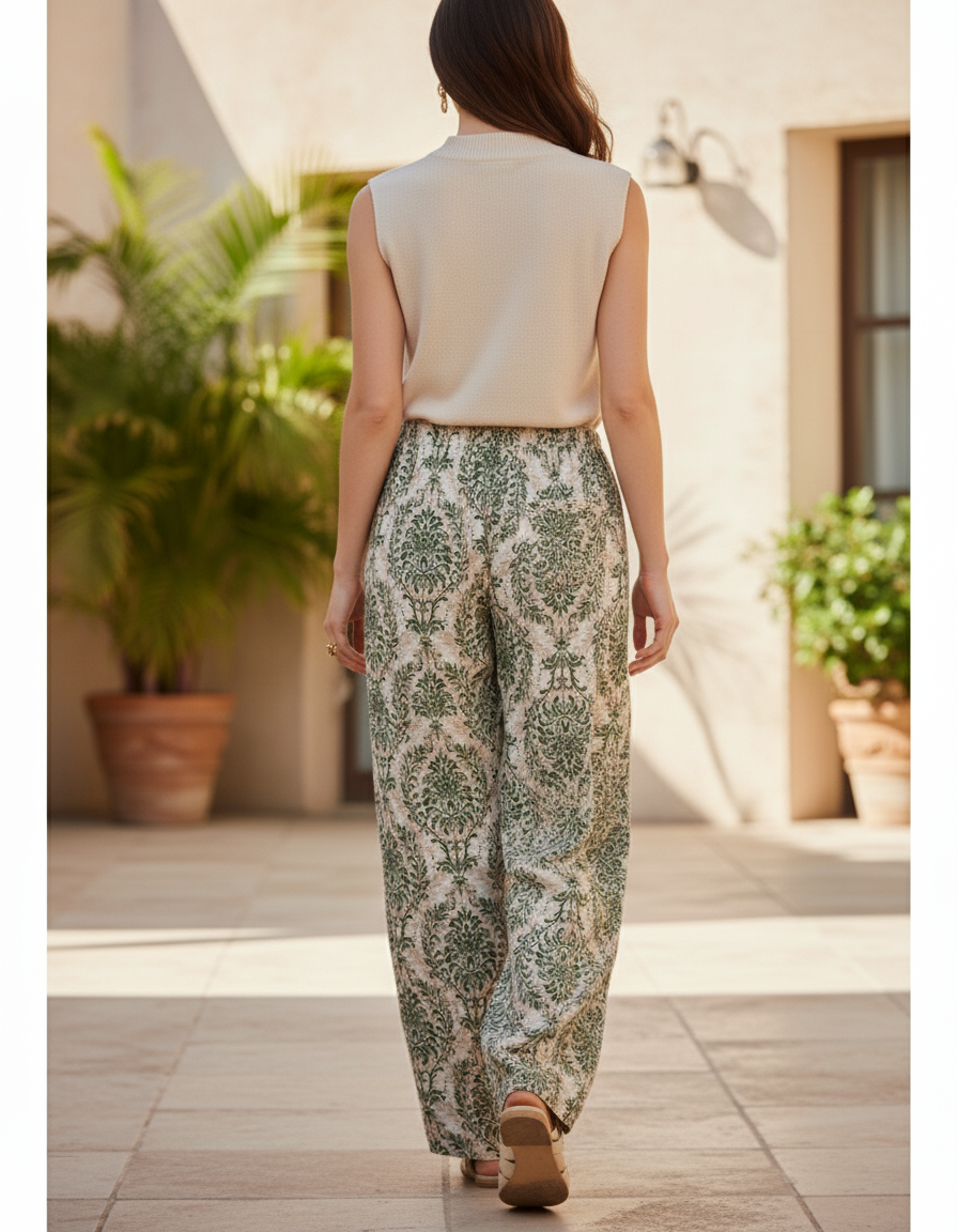 Pantalon En Lin Ample Imprimé Vert Élégant Fluide - vue 2