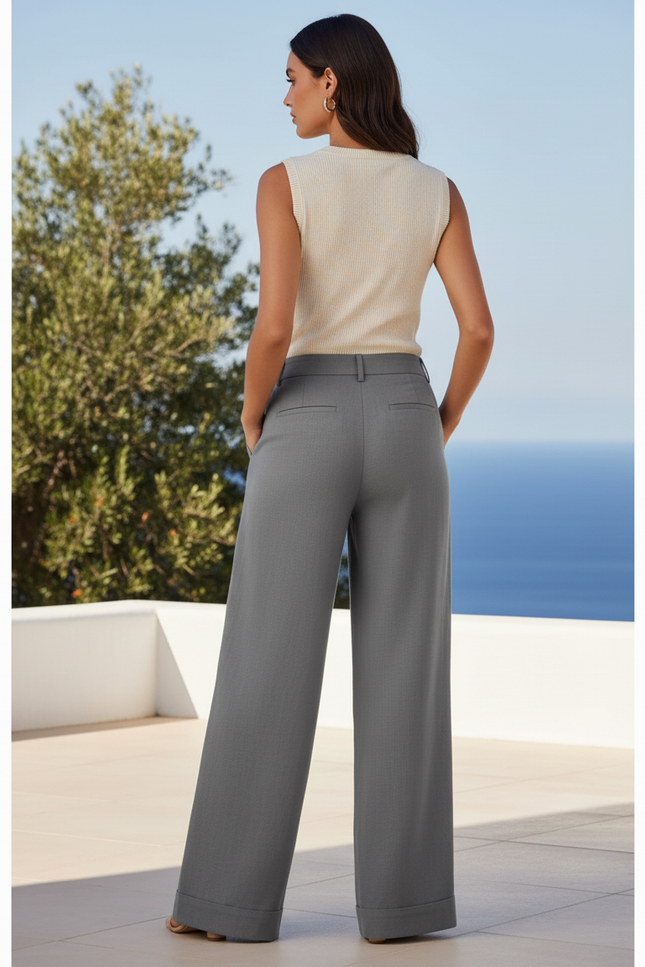 Pantalon En Lin Gris Large Décontracté Fluide Élégant - vue 2