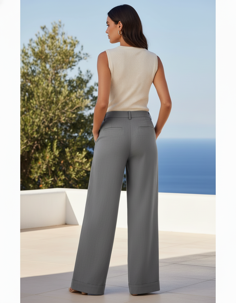 Pantalon En Lin Gris Large Décontracté Fluide Élégant - vue 2