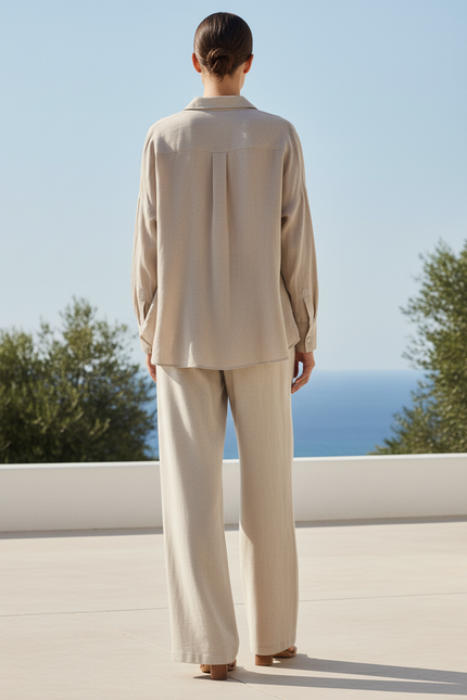 Pantalon En Lin Ample Droit Taille Haute Cordon Beige - vue 2