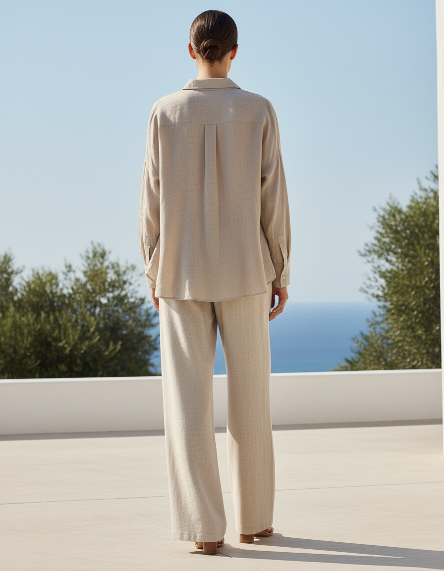 Pantalon En Lin Ample Droit Taille Haute Cordon Beige - vue 2