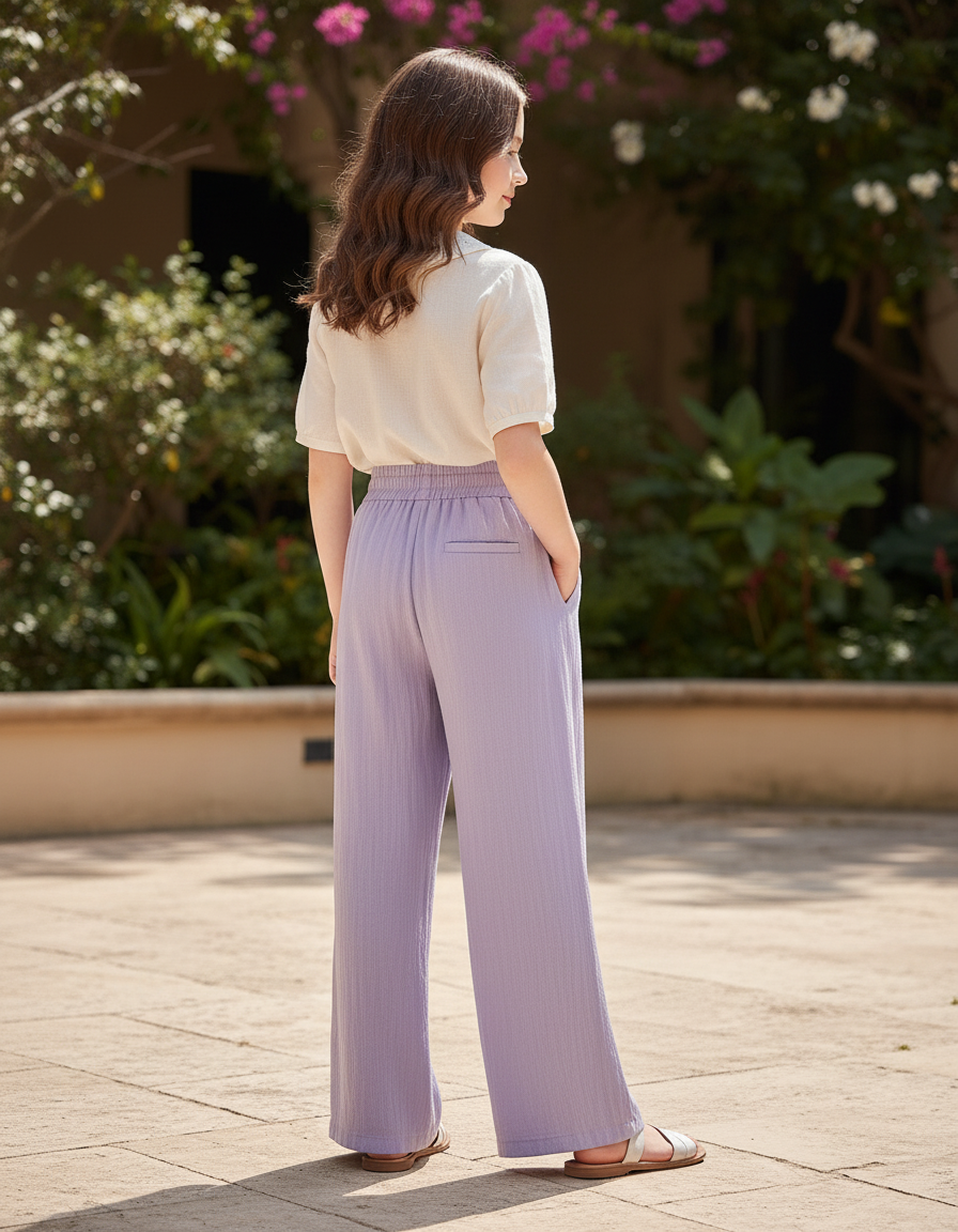 Pantalon En Lin Lavande Ample Fluide Décontracté Fille - Violet - vue 2