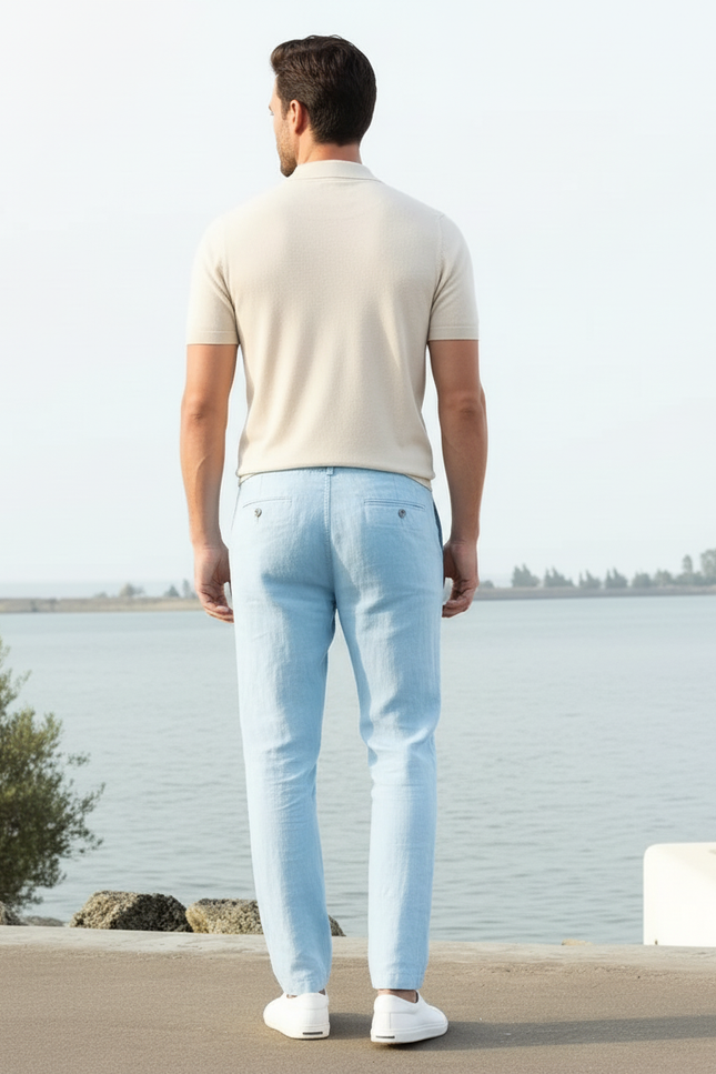 Pantalon En Lin Bleu Ciel Homme Cordon Respirant Décontracté - vue 2