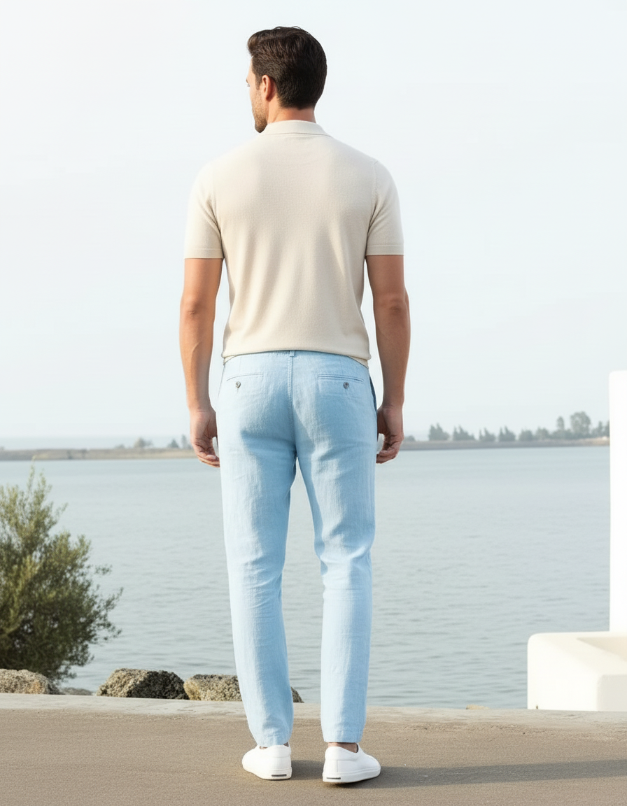 Pantalon En Lin Bleu Ciel Homme Cordon Respirant Décontracté - vue 2