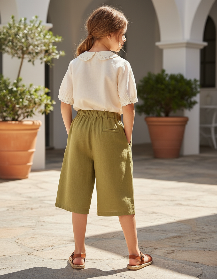 Pantalon En Lin Enfant Ample Vert Kaki Fluide - vue 2