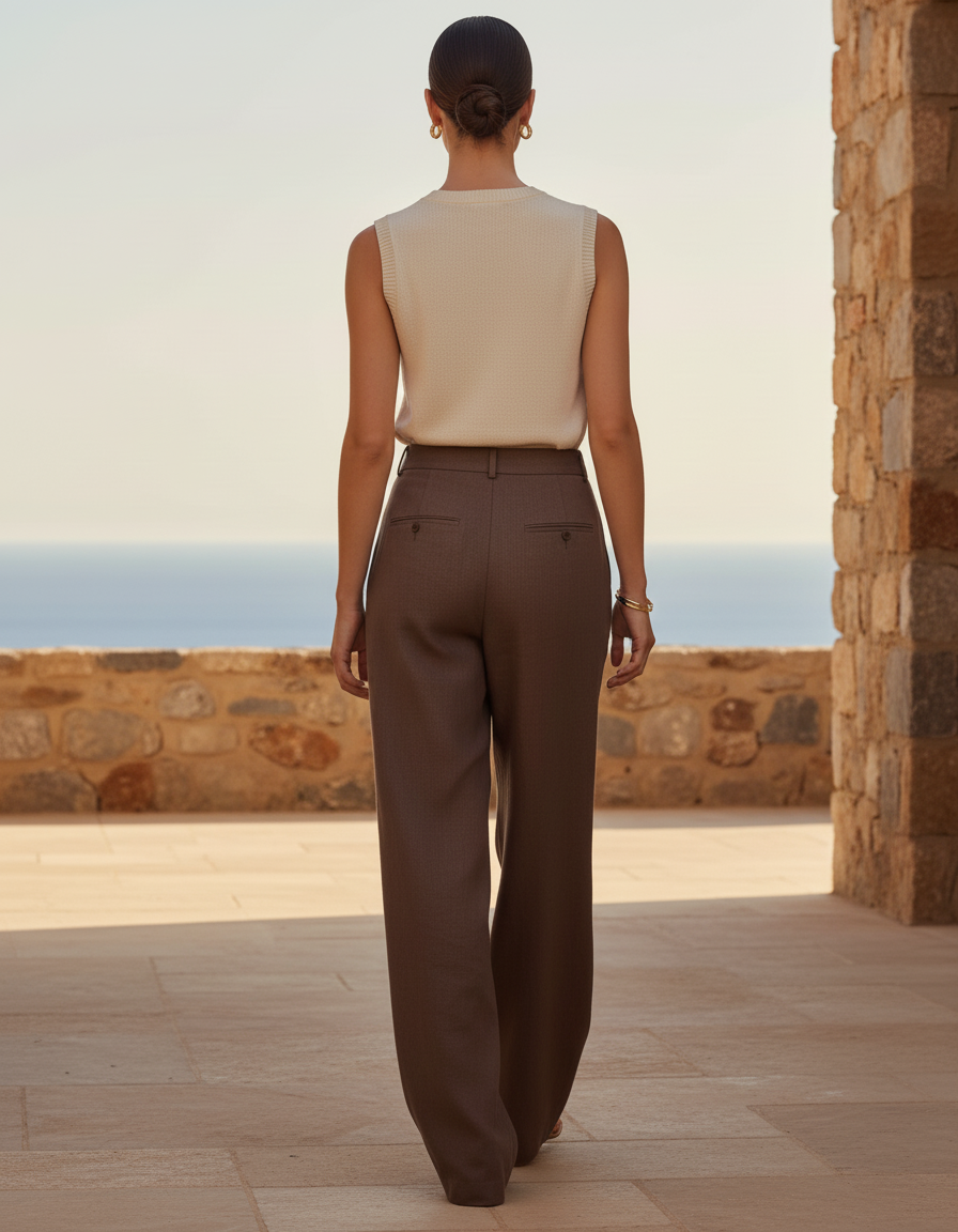 Pantalon En Lin Marron Ample Élégant Décontracté - vue 2