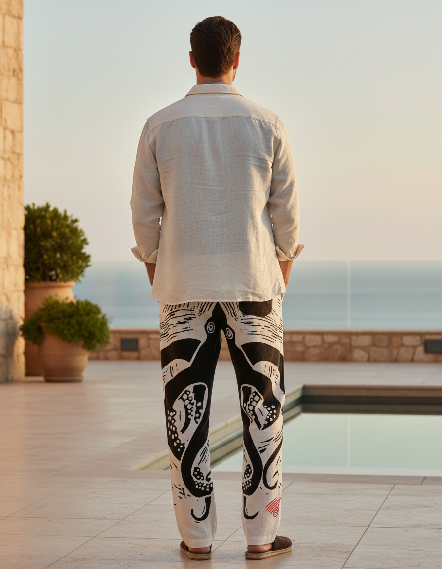 Pantalon En Lin Blanc Imprimé Poulpe Ample Décontracté Homme - vue 2