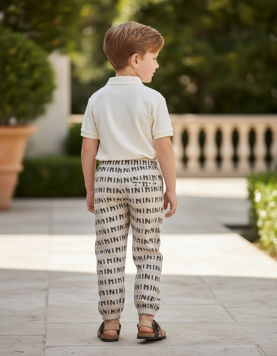 Pantalon En Lin Écru Imprimé Minimaliste Ample Enfant - vue 2