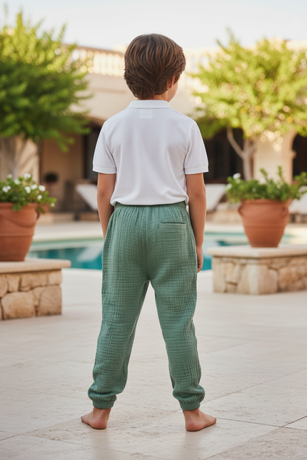 Pantalon En Lin Vert Ample Plissé Respirant Enfant - vue 2
