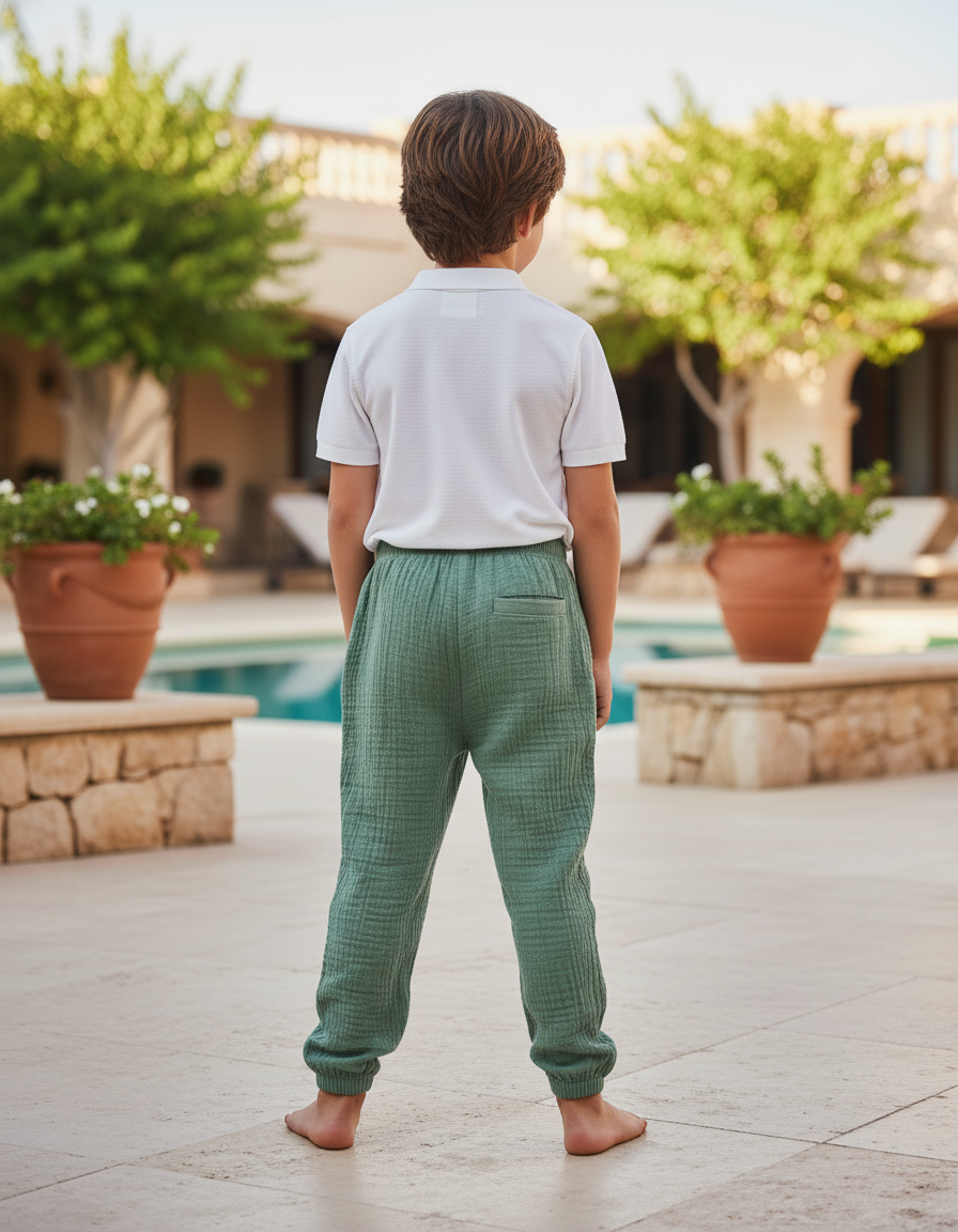 Pantalon En Lin Vert Ample Plissé Respirant Enfant - vue 2