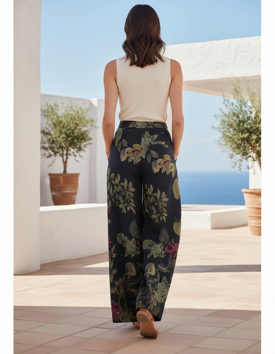 Pantalon En Lin Noir Imprimé Floral Ample Fluide - vue 2