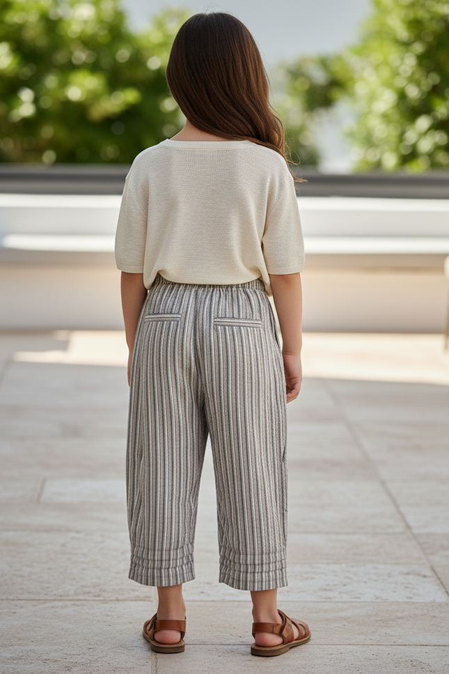 Pantalon En Lin Rayé Ample Confortable Enfant - Gris - vue 2