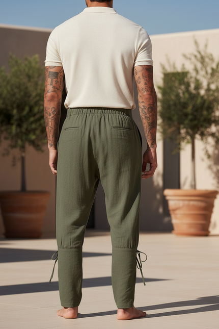 Pantalon En Lin Vert Militaire Ample Lacets Médiéval Homme - Kaki - vue 2