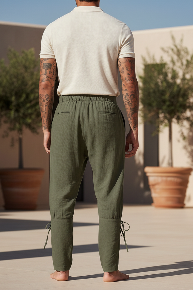 Pantalon En Lin Vert Militaire Ample Lacets Médiéval Homme - Kaki - vue 2