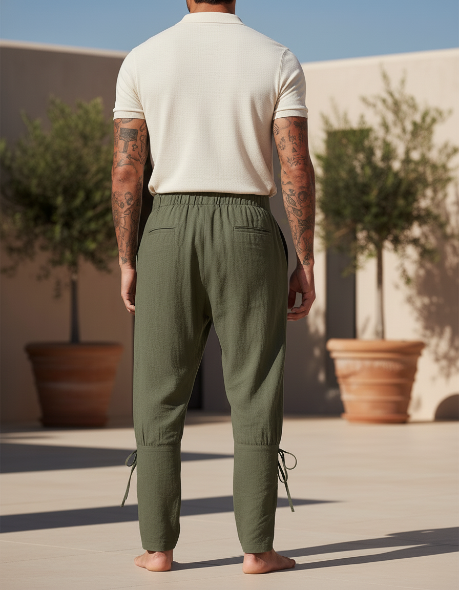 Pantalon En Lin Vert Militaire Ample Lacets Médiéval Homme - Kaki - vue 2