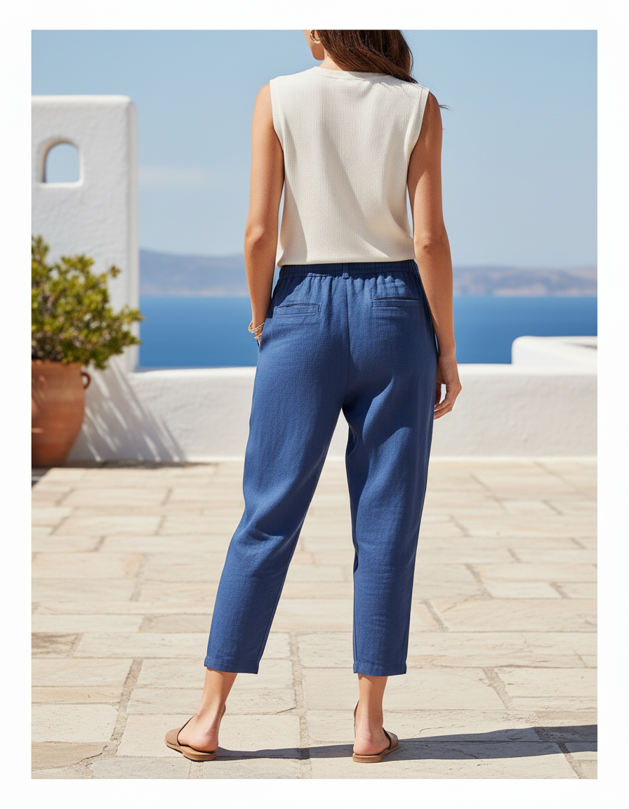 Pantalon En Lin Bleu Ample Taille Élastique Femme - vue 2