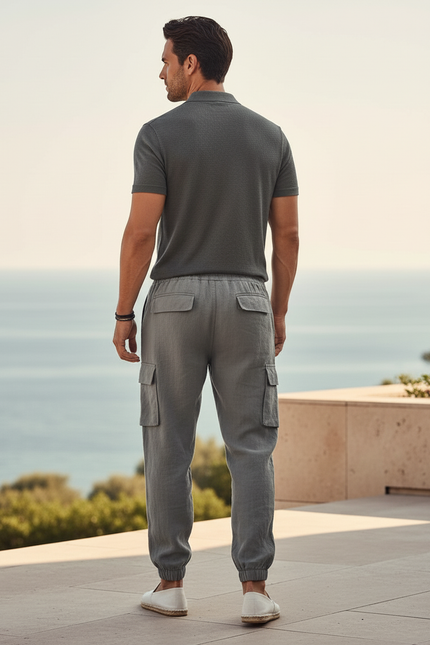 Pantalon En Lin Gris Cargo Cordon Décontracté Homme - vue 2