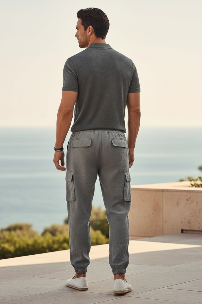 Pantalon En Lin Gris Cargo Cordon Décontracté Homme - vue 2