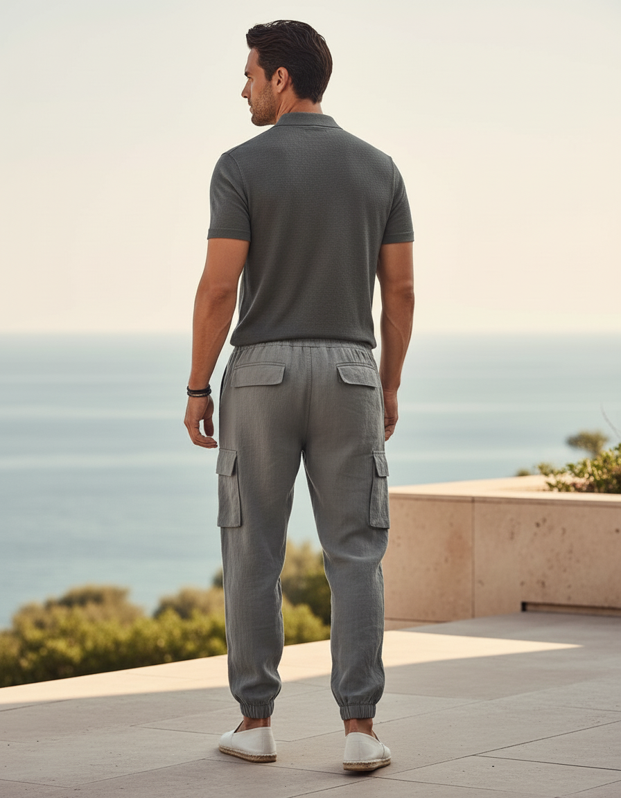 Pantalon En Lin Gris Cargo Cordon Décontracté Homme - vue 2