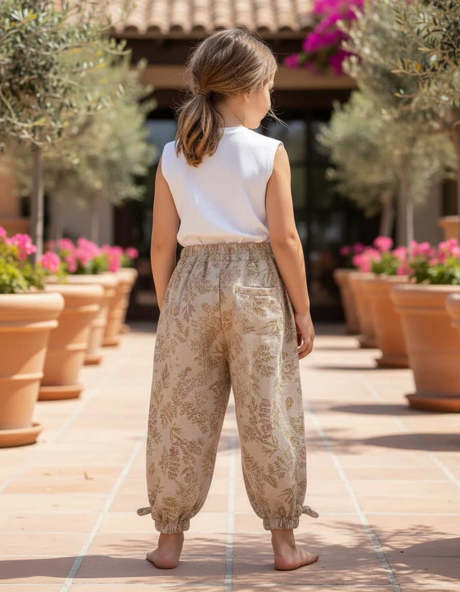 Pantalon En Lin Ample Floral Beige Décontracté Fille - vue 2