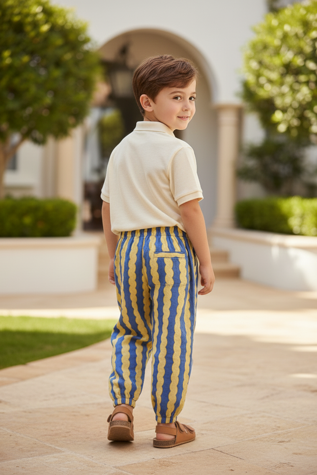 Pantalon En Lin Scallop Ondulé Bleu Jaune Enfant - Multicolore - vue 2