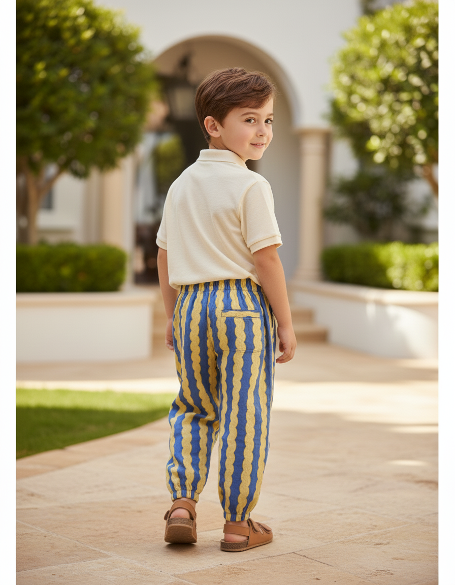 Pantalon En Lin Scallop Ondulé Bleu Jaune Enfant - Multicolore - vue 2
