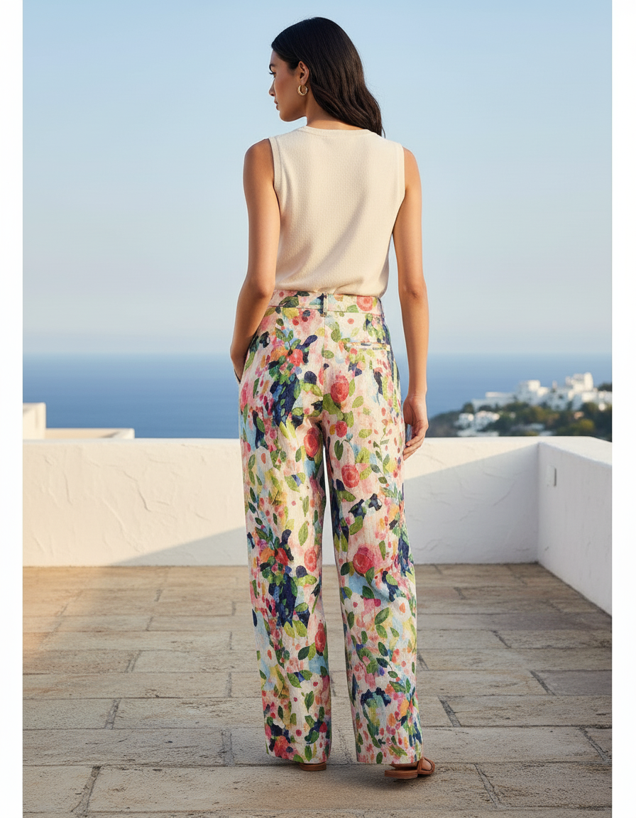 Pantalon En Lin Floral Imprimé Coloré Fluide Ample Élégant - vue 2