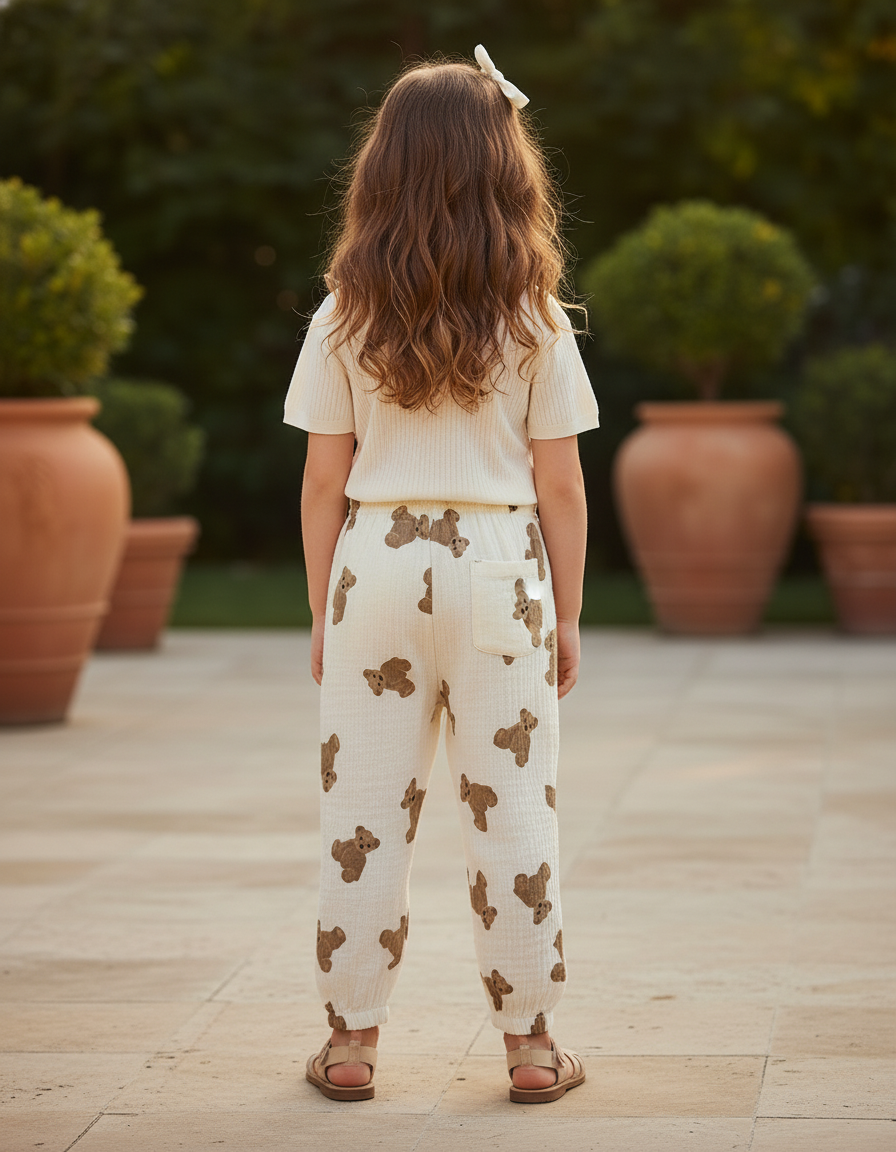 Pantalon En Lin Crème Imprimé Oursons Ample Enfant - Beige - vue 2