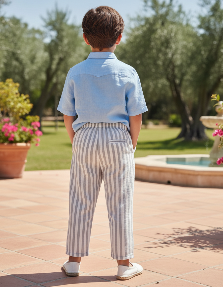 Pantalon En Lin Rayé Ample Cordon Enfant - Gris - vue 2