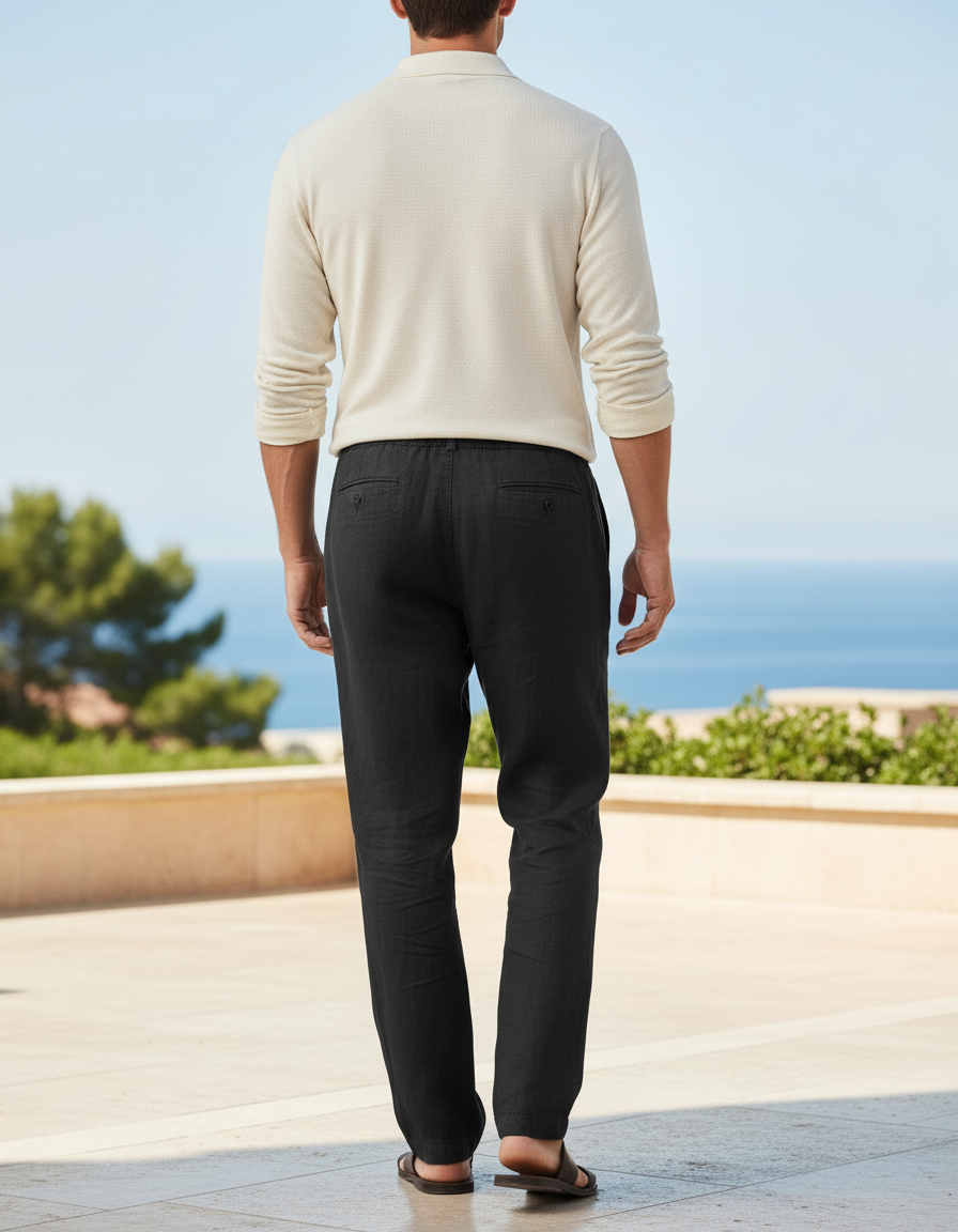 Pantalon En Lin Noir Décontracté Homme Cordon - vue 2