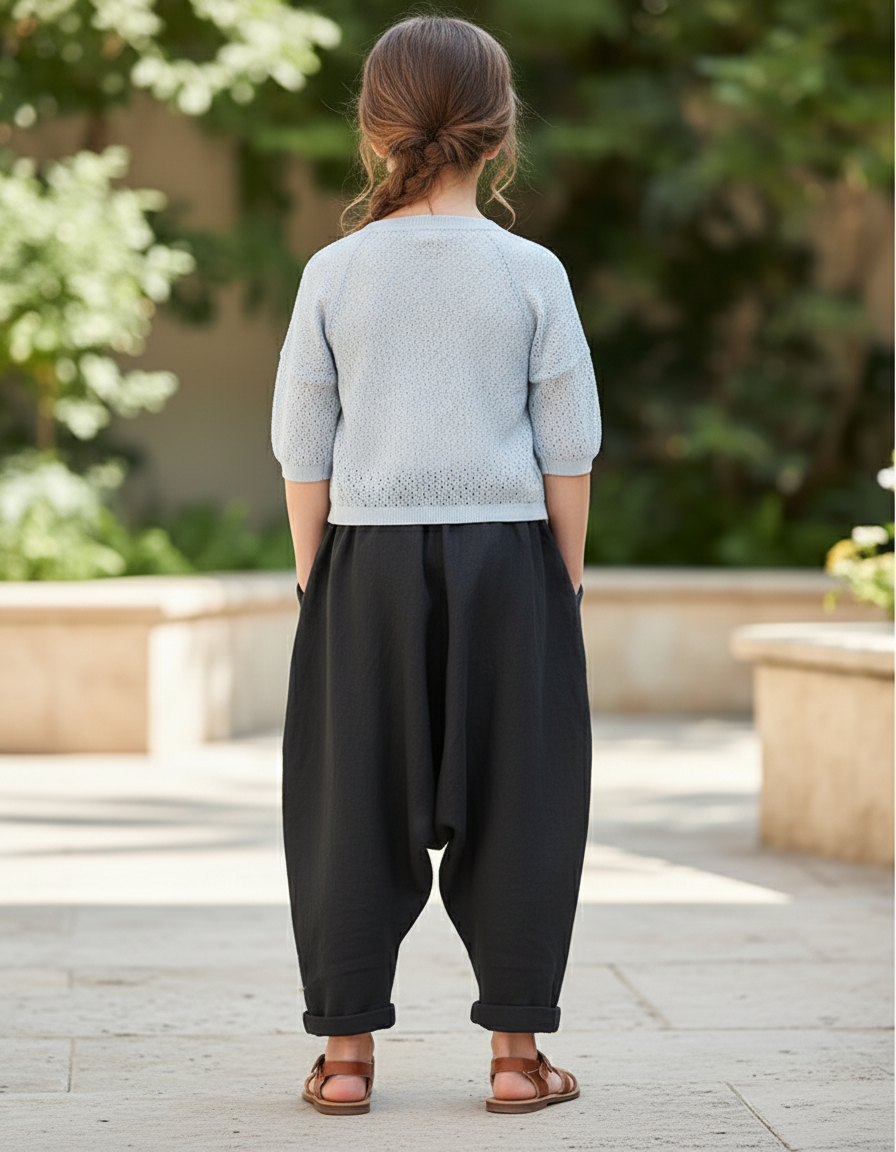 Pantalon En Lin Noir Ample Décontracté Harem Fille - vue 2