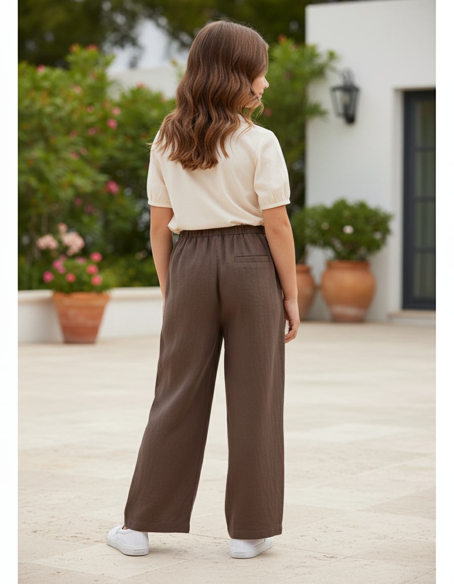 Pantalon En Lin Marron Ample Décontracté Fluide Fille - vue 2