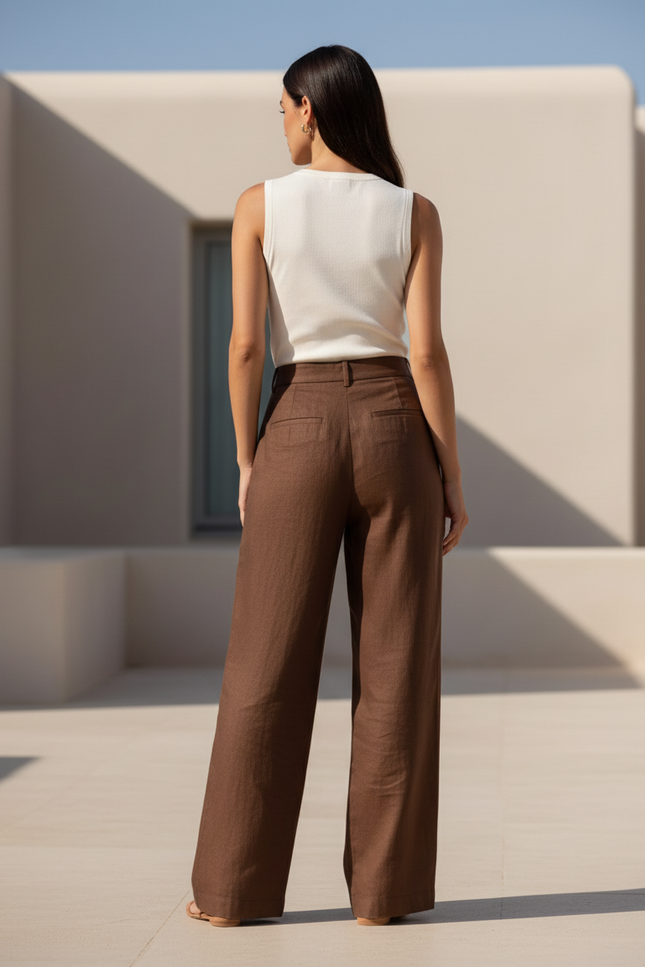 Pantalon En Lin Marron Ample Plissé Taille Haute - vue 2