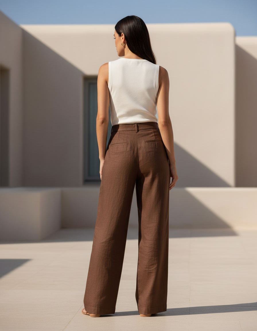 Pantalon En Lin Marron Ample Plissé Taille Haute - vue 2