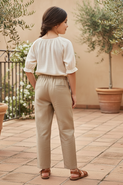 Pantalon En Lin Beige Ample Décontracté Enfant Fille - vue 2
