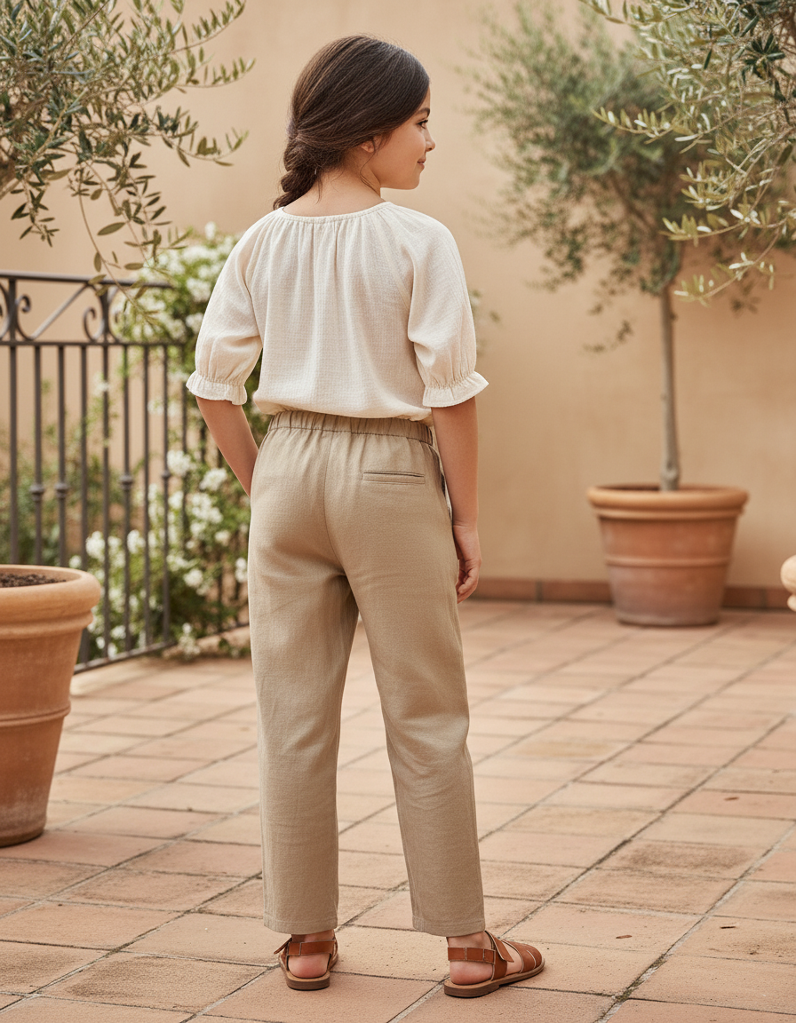 Pantalon En Lin Beige Ample Décontracté Enfant Fille - vue 2
