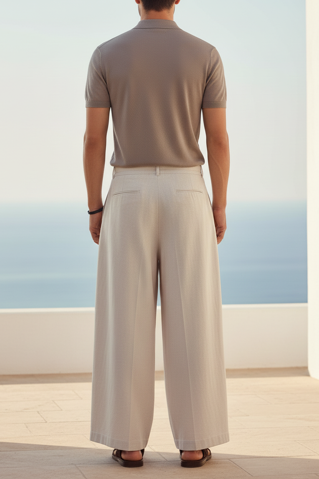 Pantalon En Lin Ample Beige Plissé Homme - vue 2