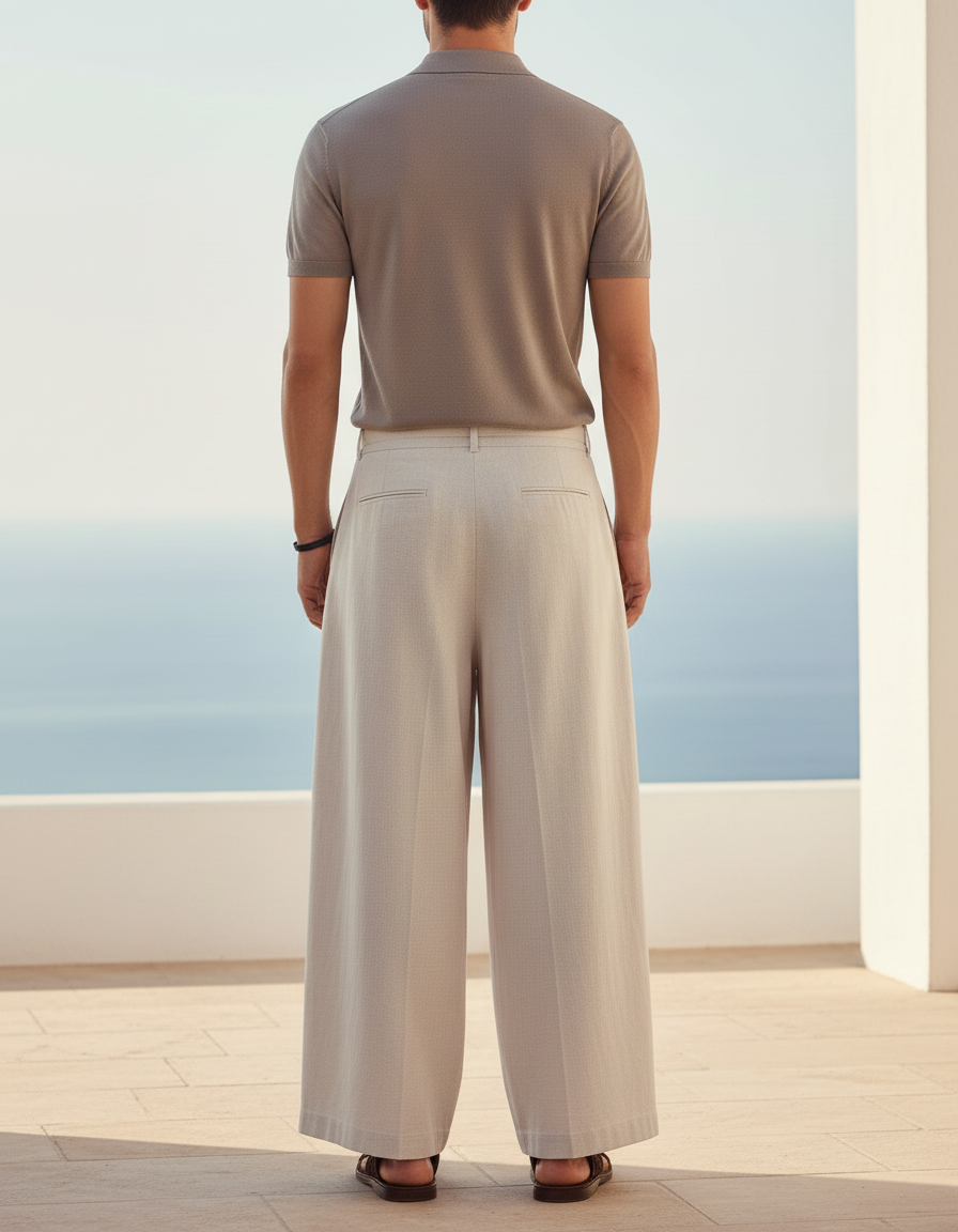 Pantalon En Lin Ample Beige Plissé Homme - vue 2