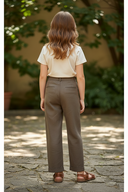 Pantalon En Lin Kaki Ample Plissé Enfant Décontracté - vue 2