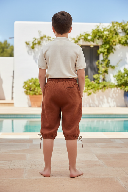 Pantalon En Lin Marron Ample Lacets Garçon Médiéval - vue 2