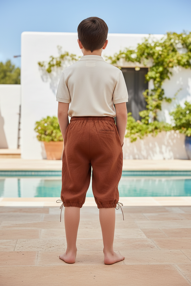 Pantalon En Lin Marron Ample Lacets Garçon Médiéval - vue 2
