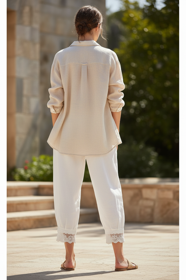Pantalon En Lin Blanc Brodé Ample Décontracté Femme - vue 2