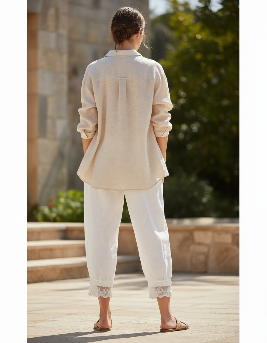 Pantalon En Lin Blanc Brodé Ample Décontracté Femme - vue 2