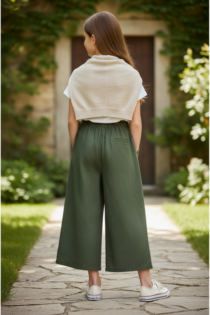 Pantalon En Lin Vert Ample Cordon Fille Décontracté - vue 2